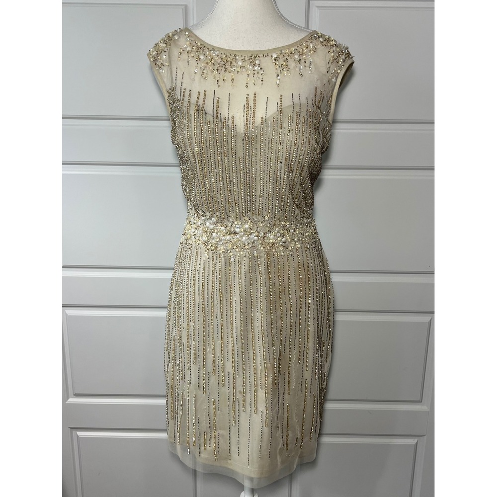 Aidan Mattox Beaded Sheer Overlay Cocktail Dress Gold Silver Embellishments